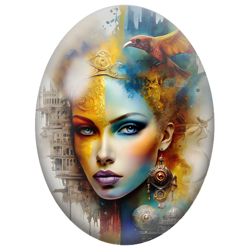 Cabochon en Verre Illustré Femme Futuriste à l’Oiseau Doré 13x18, 18x25 ou 30x40mm