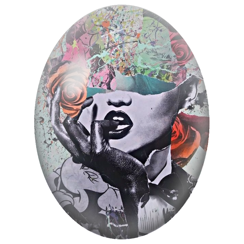Cabochon en Verre Illustré Femme Collage à la Rose Orange 13x18, 18x25 ou 30x40mm