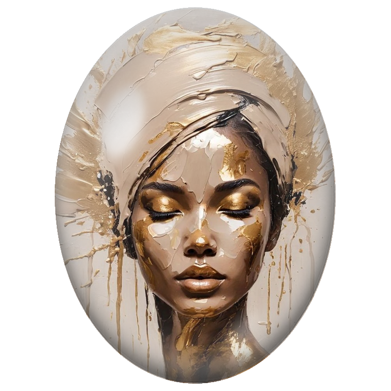 Cabochon en Verre Illustré Femme Noire au Turban Ivoire et Or 13x18, 18x25 ou 30x40mm