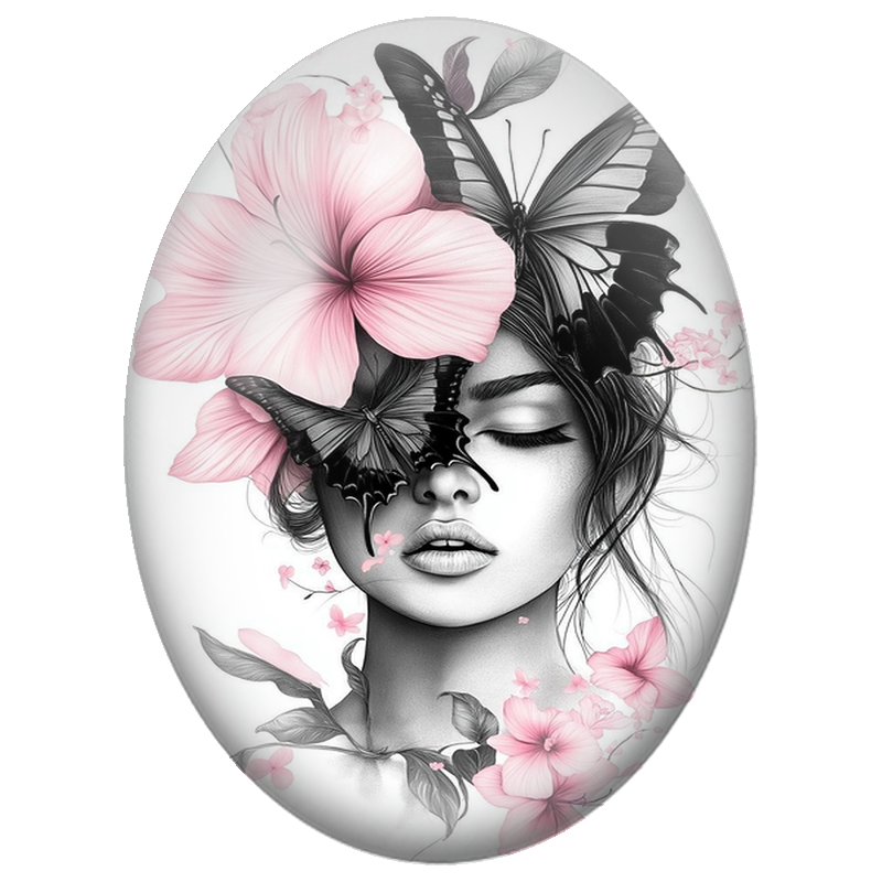 Cabochon en Verre Illustré Femme aux Papillons Noirs et Fleurs Roses 13x18, 18x25 ou 30x40mm