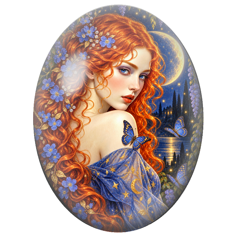 Cabochon en Verre Illustré Femme Rousse aux Fleurs Bleues 13x18, 18x25 ou 30x40mm