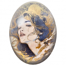 Cabochon en Verre Illustré Femme aux Vagues Bleues et Dorées pour la Création de Bijoux Fantaisie - DIY