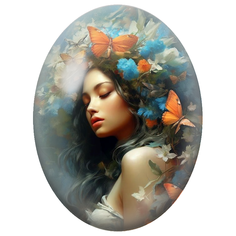 Cabochon en Verre Illustré Femme aux Papillons Orange et Fleurs Bleues 13x18, 18x25 ou 30x40mm