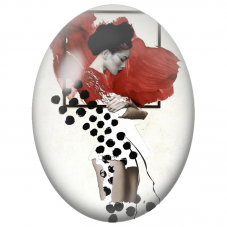 Cabochon en Verre Illustré Femme en Rouge aux Pois Noirs pour la Création de Bijoux Fantaisie - DIY