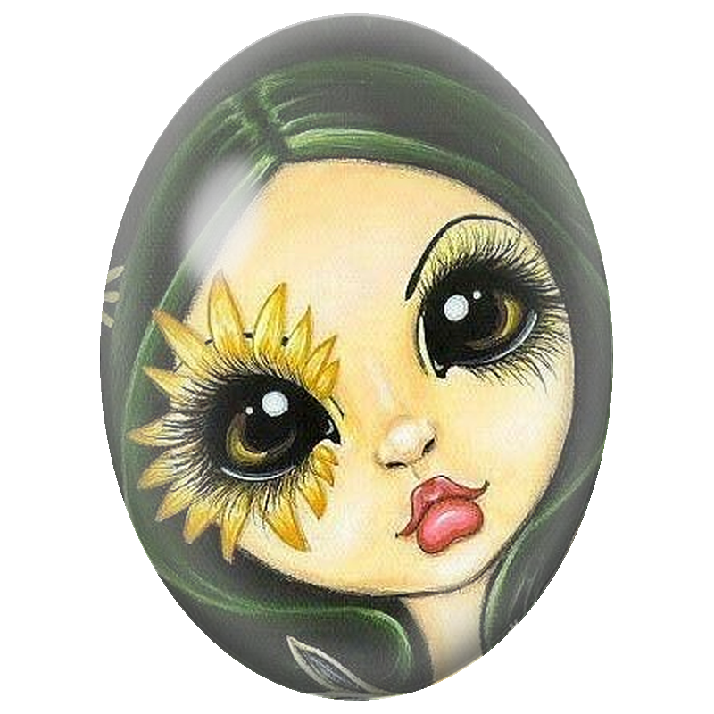 Cabochon en Verre Illustré Femme aux Grands Yeux et Tournesol 13x18, 18x25 ou 30x40mm