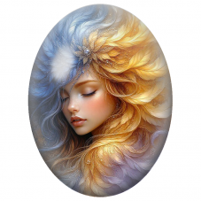 Cabochon en Verre Illustré Femme aux Plumes Bleues et Dorées pour la Création de Bijoux Fantaisie - DIY