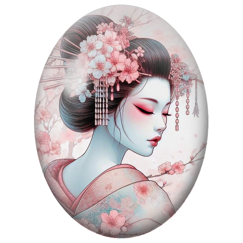 Cabochon en Verre Illustré Femme Japonaise aux Fleurs de Cerisier 13x18, 18x25 ou 30x40mm