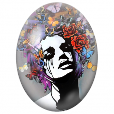Cabochon en Verre Illustré Femme aux Roses Rouges et Papillons Colorés pour la Création de Bijoux Fantaisie - DIY
