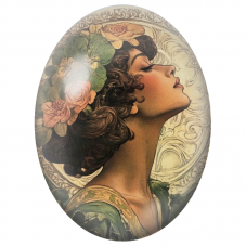 Cabochon en Verre Illustré Femme Art Nouveau aux Roses Anciennes pour la Création de Bijoux Fantaisie - DIY