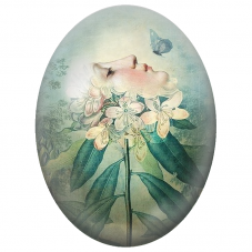 Cabochon en Verre Illustré Femme Fleur au Papillon Bleu pour la Création de Bijoux Fantaisie - DIY