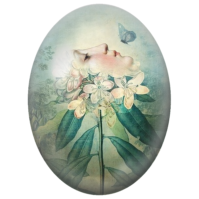 Cabochon en Verre Illustré Femme Fleur au Papillon Bleu 13x18, 18x25 ou 30x40mm