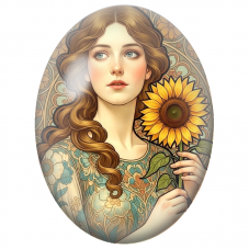 Cabochon en Verre Illustré Femme au Tournesol Art Nouveau pour la Création de Bijoux Fantaisie - DIY