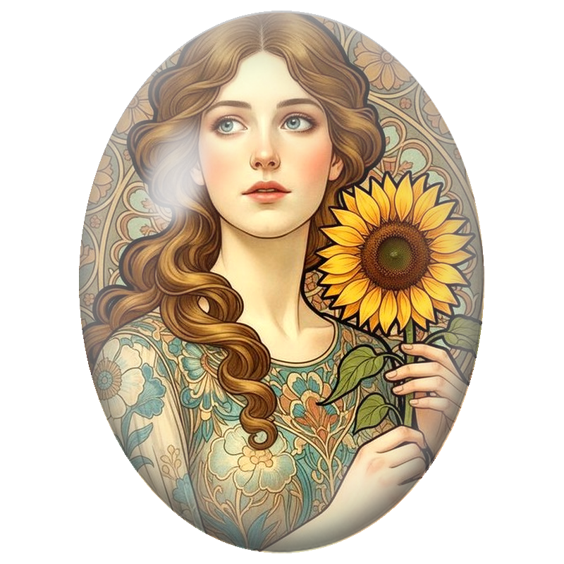 Cabochon en Verre Illustré Femme au Tournesol Art Nouveau 13x18, 18x25 ou 30x40mm