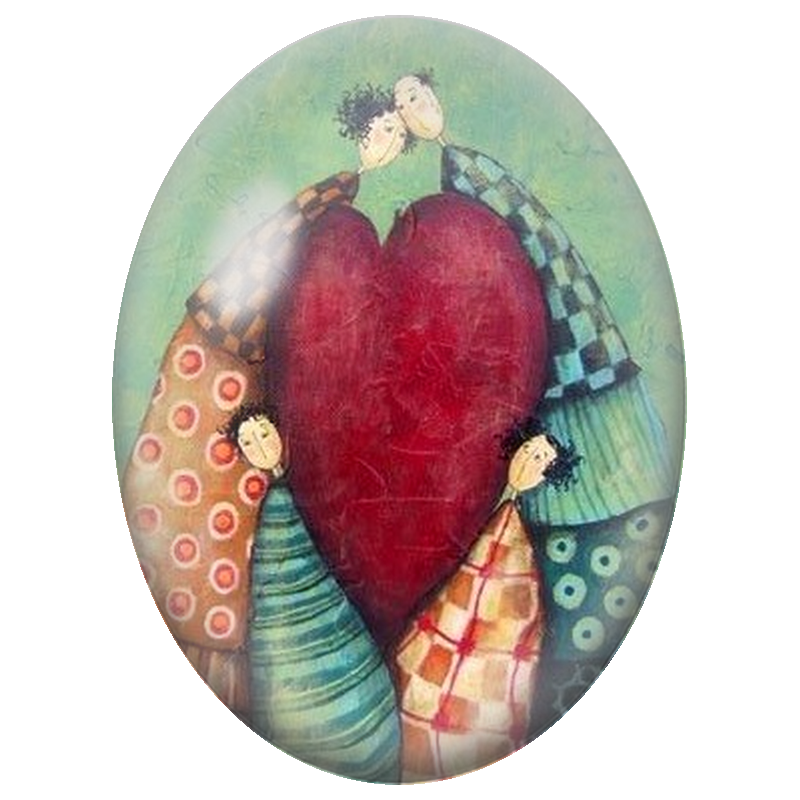 Cabochon en Verre Illustré Famille Unie autour d’un Grand Cœur 13x18, 18x25 ou 30x40mm