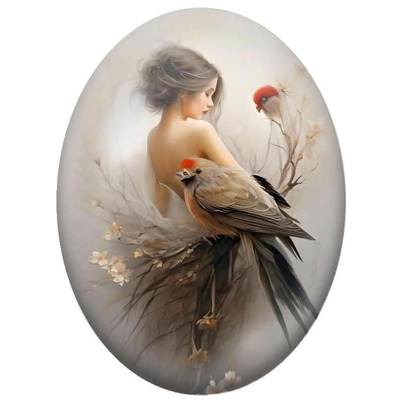 Cabochon en Verre Illustré Femme aux Oiseaux à Huppe Rouge 13x18, 18x25 ou 30x40mm