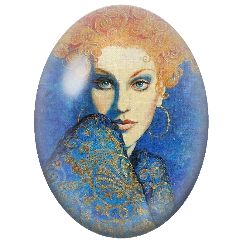 Cabochon en Verre Illustré Femme Rousse aux Arabesques Dorées 13x18, 18x25 ou 30x40mm