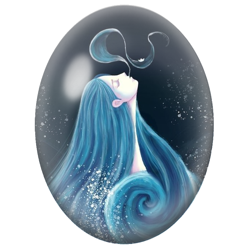 Cabochon en Verre Illustré Femme aux Cheveux de Vagues Bleues 13x18, 18x25 ou 30x40mm