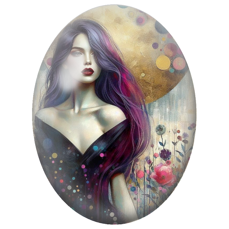 Cabochon en Verre Illustré Femme aux Cheveux Violets sous la Lune Dorée 13x18, 18x25 ou 30x40mm