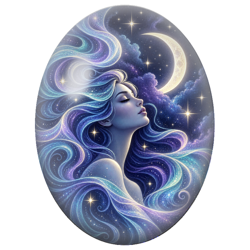 Cabochon en Verre Illustré Femme Lunaire aux Cheveux de Volutes Bleues 13x18, 18x25 ou 30x40mm