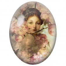 Cabochon en Verre Illustré Jeune Femme parmi les Fleurs Roses pour la Création de Bijoux Fantaisie - DIY