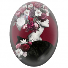Cabochon en Verre Illustré Femme en Noir à la Couronne de Fleurs pour la Création de Bijoux Fantaisie - DIY