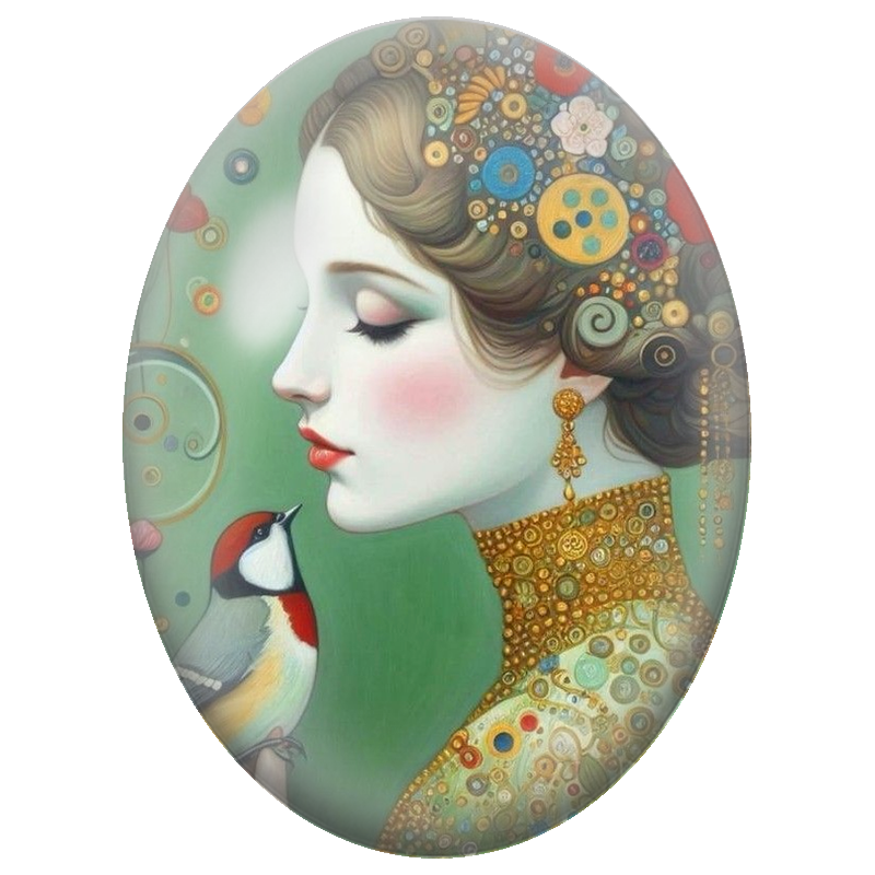 Cabochon en Verre Illustré Femme Dorée avec un Chardonneret 13x18, 18x25 ou 30x40mm