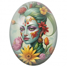 Cabochon en Verre Illustré Femme aux Cheveux Verts et Masque Fleuri pour la Création de Bijoux Fantaisie - DIY
