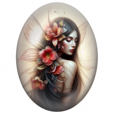 Cabochon en Verre Illustré Fée Brune aux Fleurs Corail pour la Création de Bijoux Fantaisie - DIY