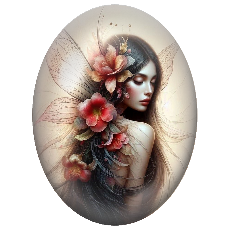 Cabochon en Verre Illustré Fée Brune aux Fleurs Corail 13x18, 18x25 ou 30x40mm