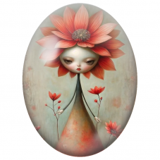 Cabochon en Verre Illustré Petite Fille à la Coiffe Fleur Rouge pour la Création de Bijoux Fantaisie - DIY