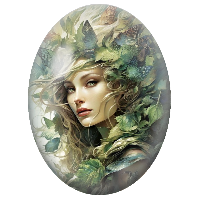 Cabochon en Verre Illustré Femme de la Forêt aux Papillons Verts 13x18, 18x25 ou 30x40mm