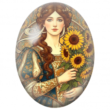 Cabochon en Verre Illustré Femme au Bouquet de Tournesols pour la Création de Bijoux Fantaisie - DIY