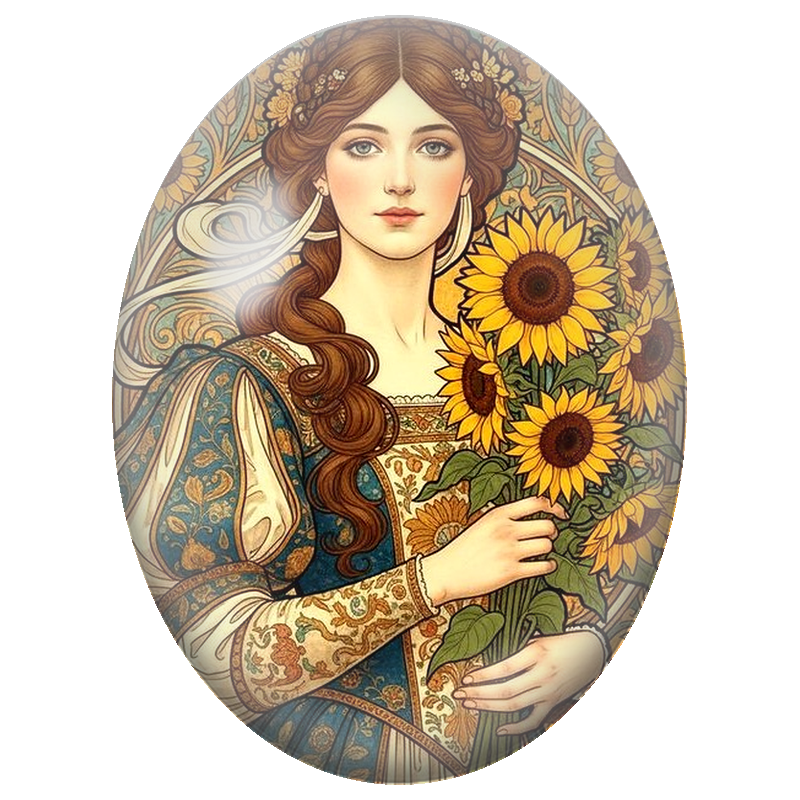 Cabochon en Verre Illustré Femme au Bouquet de Tournesols 13x18, 18x25 ou 30x40mm