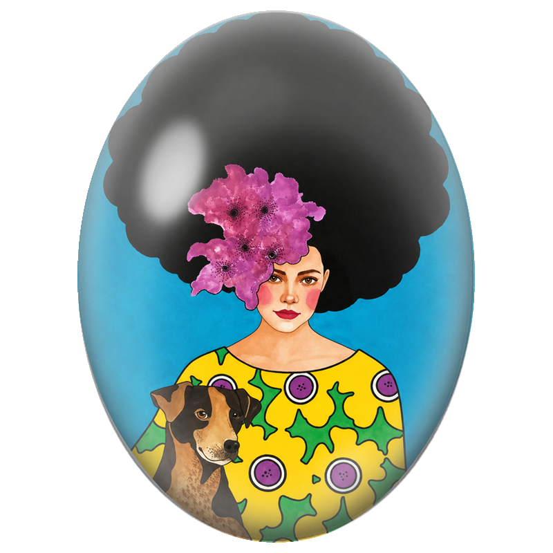 Cabochon en Verre Illustré Femme à la Coiffure Afro avec son Chien 13x18, 18x25 ou 30x40mm
