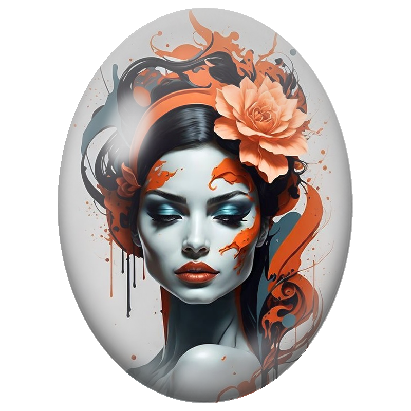 Cabochon en Verre Illustré Femme à la Rose Orange et Éclaboussures 13x18, 18x25 ou 30x40mm