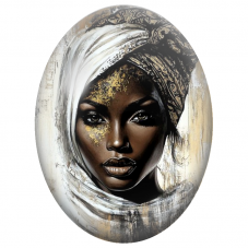 Cabochon en Verre Illustré Femme Noire au Turban Blanc et Or pour la Création de Bijoux Fantaisie - DIY