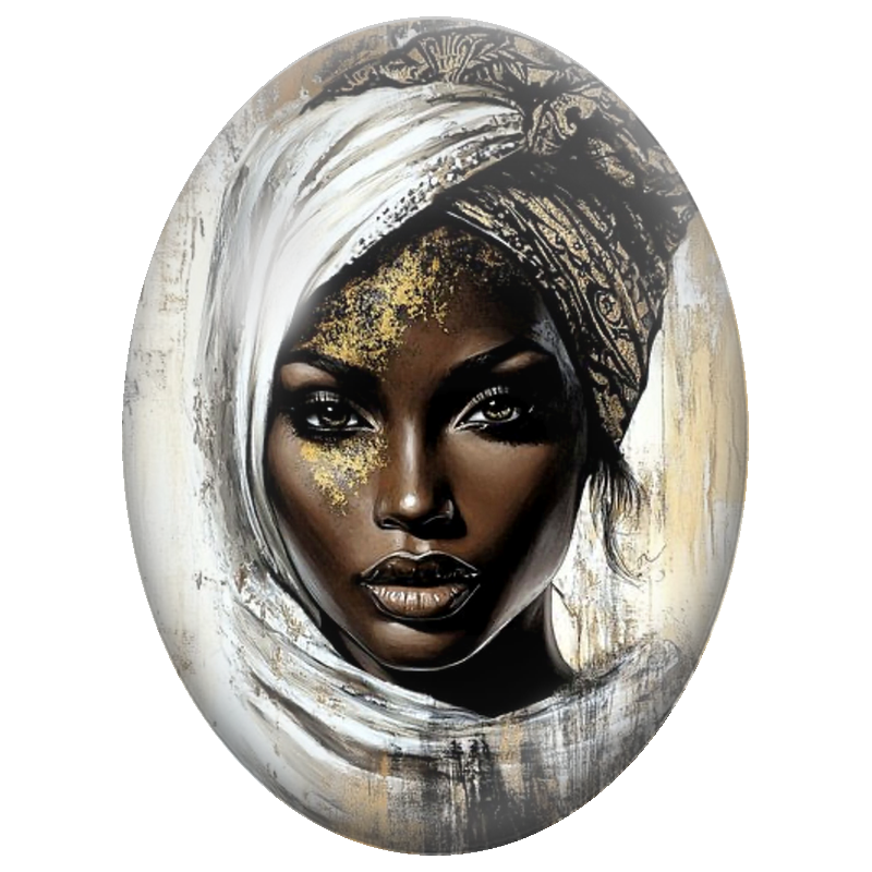 Cabochon en Verre Illustré Femme Noire au Turban Blanc et Or 13x18, 18x25 ou 30x40mm