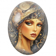 Cabochon en Verre Illustré Femme à la Coiffe Bleue et Or pour la Création de Bijoux Fantaisie - DIY