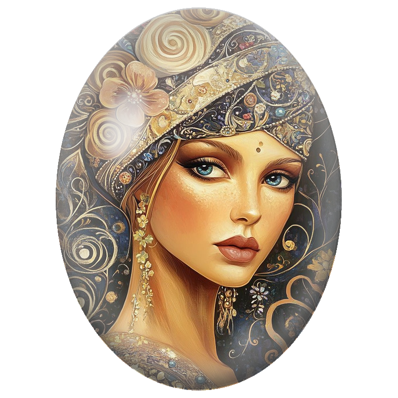 Cabochon en Verre Illustré Femme à la Coiffe Bleue et Or 13x18, 18x25 ou 30x40mm