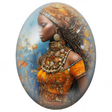 Cabochon en Verre Illustré Femme Africaine en Orange et Mosaïque Bleue pour la Création de Bijoux Fantaisie - DIY
