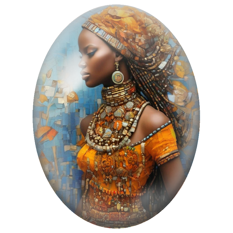 Cabochon en Verre Illustré Femme Africaine en Orange et Mosaïque Bleue 13x18, 18x25 ou 30x40mm