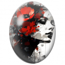Cabochon en Verre Illustré Femme aux Coquelicots Rouges et Noirs pour la Création de Bijoux Fantaisie - DIY