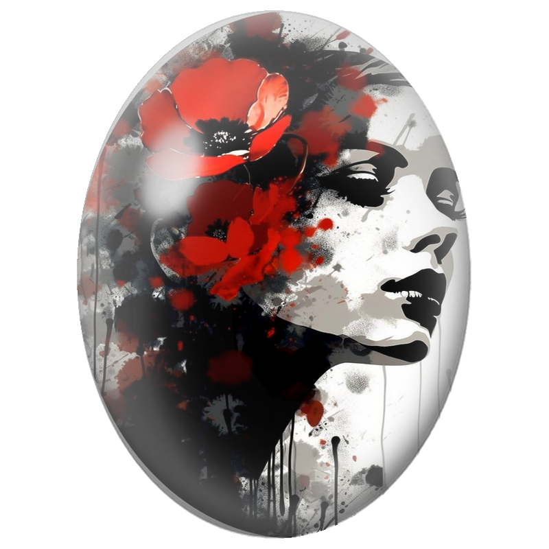 Cabochon en Verre Illustré Femme aux Coquelicots Rouges et Noirs 13x18, 18x25 ou 30x40mm