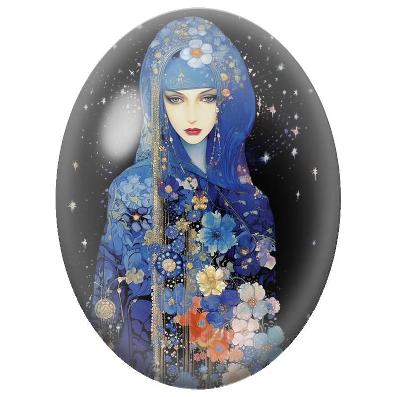 Cabochon en Verre Illustré Femme au Voile Bleu Fleuri sous les Étoiles 13x18, 18x25 ou 30x40mm
