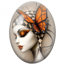 Cabochon en Verre Illustré Femme Arlequin au Papillon Orange pour la Création de Bijoux Fantaisie - DIY
