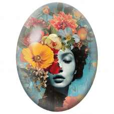 Cabochon en Verre Illustré Femme au Visage Fleuri et Fruits Orange pour la Création de Bijoux Fantaisie - DIY