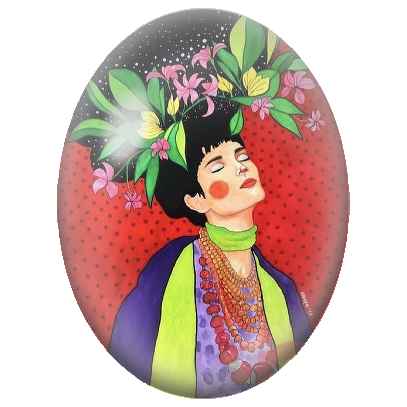 Cabochon en Verre Illustré Femme aux Branches Fleuries et Colliers 13x18, 18x25 ou 30x40mm