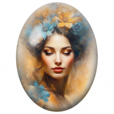 Cabochon en Verre Illustré Femme aux Fleurs Bleues et Orange pour la Création de Bijoux Fantaisie - DIY