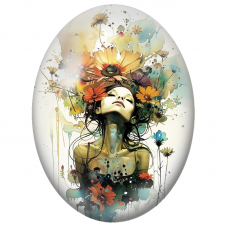 Cabochon en Verre Illustré Femme aux Fleurs Orange en Aquarelle pour la Création de Bijoux Fantaisie - DIY