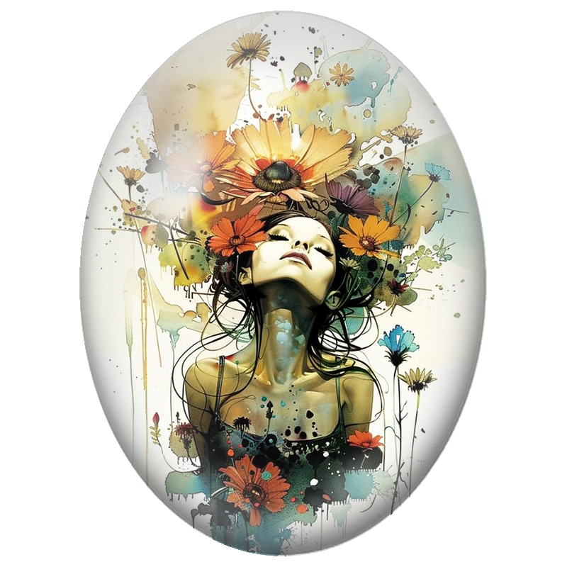 Cabochon en Verre Illustré Femme aux Fleurs Orange en Aquarelle 13x18, 18x25 ou 30x40mm